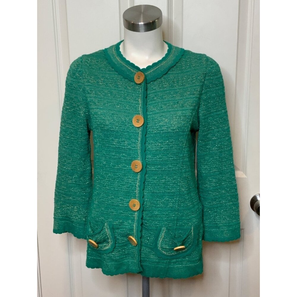 Manouch Pauline Teal Green & Metallic Gold Ruffle Cardigan, Size M